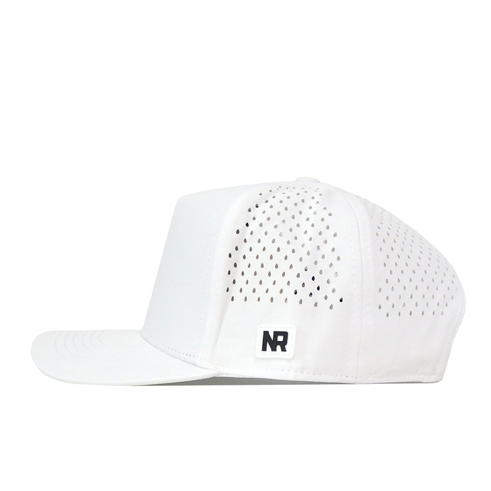 A white WVU Mountaineers Football Mascot Hat by No Rivals, featuring small ventilation holes on the side and back panels, with a small black and white embroidered logo patch near the brim on the front.