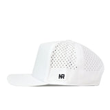 A white WVU Mountaineers Football Mascot Hat by No Rivals, featuring small ventilation holes on the side and back panels, with a small black and white embroidered logo patch near the brim on the front.
