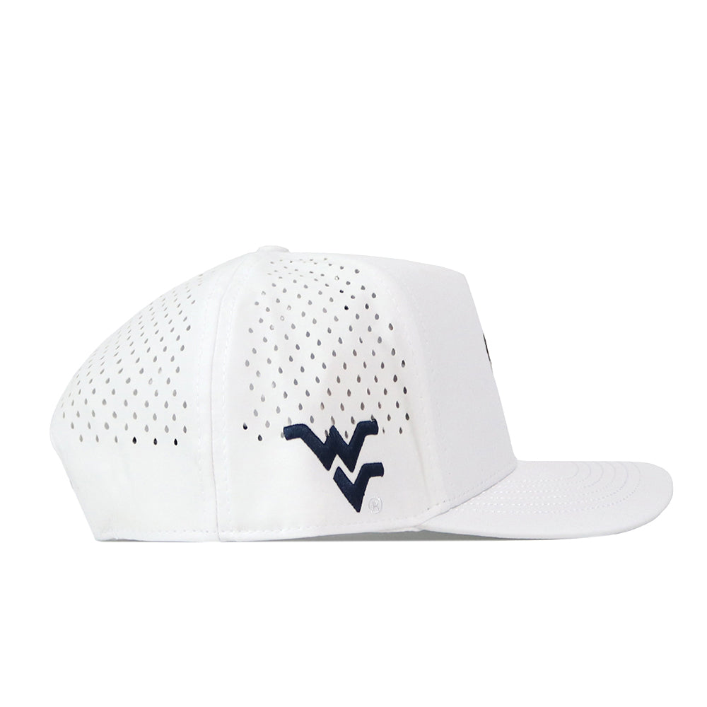 The No Rivals WVU Mountaineers Football Mascot Hat in white is made from performance fabric, features small ventilation holes, and displays a navy blue embroidered WV logo on the left side.