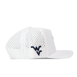 The No Rivals WVU Mountaineers Football Mascot Hat in white is made from performance fabric, features small ventilation holes, and displays a navy blue embroidered WV logo on the left side.