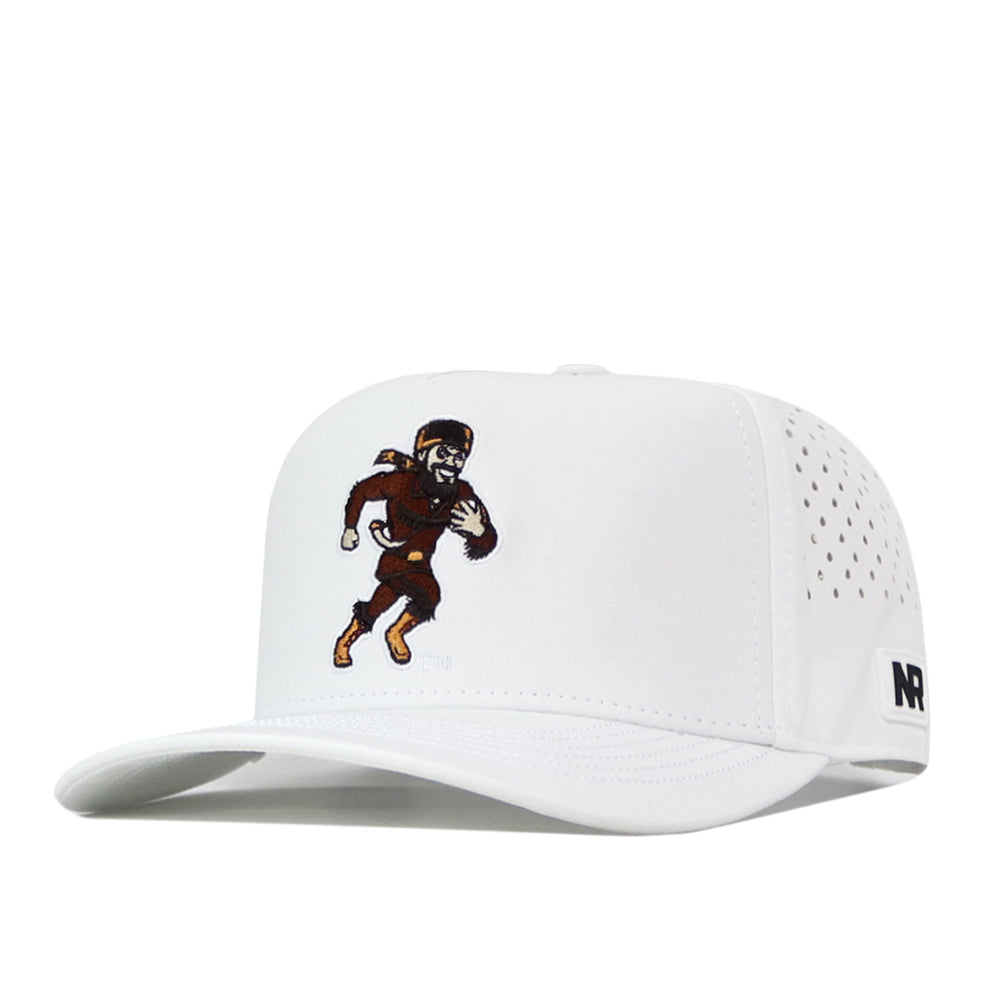 Introducing the No Rivals WVU Mountaineers Football Mascot Hat in white, crafted from performance fabric. This hat showcases an embroidered running football mascot on the front, features ventilation holes on the side for enhanced breathability, and displays “NR” on the band. The adjustable snapback closure ensures a comfortable fit.