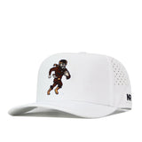 Introducing the No Rivals WVU Mountaineers Football Mascot Hat in white, crafted from performance fabric. This hat showcases an embroidered running football mascot on the front, features ventilation holes on the side for enhanced breathability, and displays “NR” on the band. The adjustable snapback closure ensures a comfortable fit.