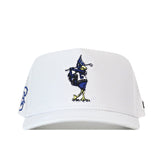 The No Rivals Creighton Bluejays Golf Hat in white features a cartoon bluebird mascot wearing a hat and sneakers embroidered on the front, and comes with a Snap Back Adjustment for the perfect gameday fit.