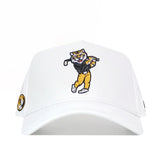 The No Rivals Mizzou Golf Hat - Swinging - White is a structured snapback featuring an embroidered cartoon tiger swinging a golf club on the front and a small circular tiger logo patch on the brim. Made from a durable polyester-cotton blend.