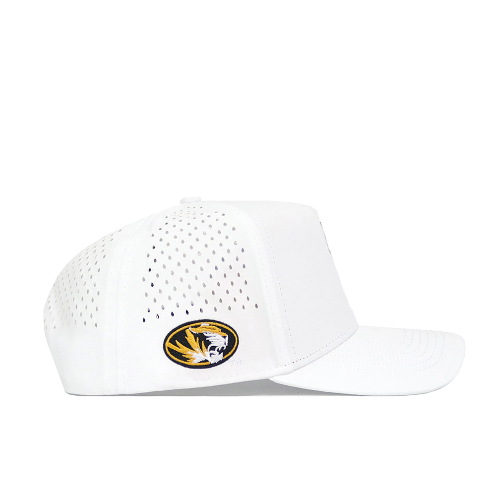 Side view of a white No Rivals Mizzou Golf Hat - Swinging, featuring ventilation holes, a black, gold, and white Missouri Tigers patch on the side, curved brim, structured fit, and durable polyester-cotton blend fabric.