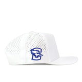 Show your team spirit with the No Rivals Creighton Bluejays Golf Hat in White. This snapback cap features a breathable white mesh back, a flat bill, and ventilation holes throughout for ultimate comfort and style. The side is adorned with an eye-catching blue and white embroidered Bluejays logo, while the convenient Snap Back Adjustment lets you achieve your perfect Gameday Fit every time.