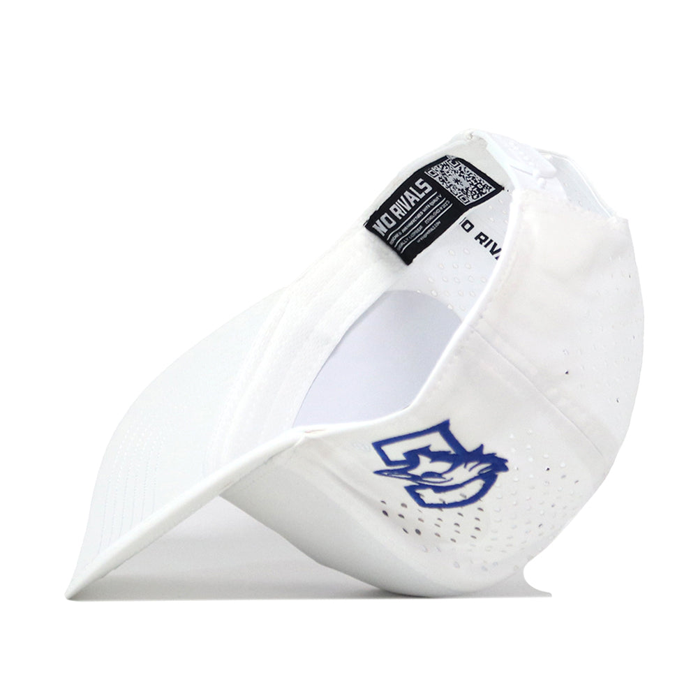 The No Rivals Creighton Bluejays Golf Hat in white showcases an embroidered blue and white Bluejays logo on the side, with perforated back panels that enhance breathability. Visible interior tags—including a QR code—ensure authenticity, while the snap back closure offers a customized Gameday Fit. In this image, the cap is displayed on its side with the brim facing left.