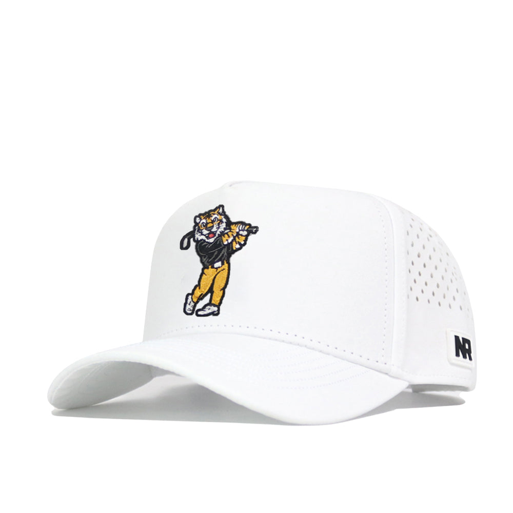 The No Rivals Mizzou Golf Hat - Swinging - White is a snapback with an embroidered cartoon tiger swinging a golf club, side ventilation holes, an "NR" patch above the brim, and a comfortable, structured fit.