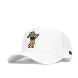 The No Rivals Mizzou Golf Hat - Swinging - White is a snapback with an embroidered cartoon tiger swinging a golf club, side ventilation holes, an "NR" patch above the brim, and a comfortable, structured fit.