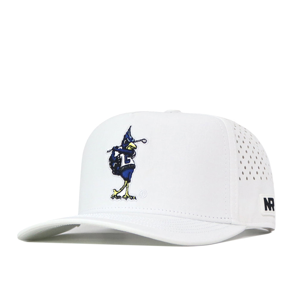 Creighton Bluejays Golf Hat - White by No Rivals features a white design with a cartoon roadrunner embroidered logo on the front, small ventilation holes on the sides, NR text along the brim edge, and a snapback closure for an adjustable, comfortable gameday fit.