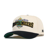 The No Rivals App State Ballpark Hat is a cream and black structured cotton cap with Appalachian State Mountaineers Est. 1899 embroidered on the front, green accents, and a small AR logo on the side.