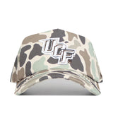 The No Rivals UCF Knights Huntsman Hat is a camouflage cotton cap featuring the white and gold UCF logo embroidered on the front, shown against a plain white background. This adjustable hat combines comfort and style, making it perfect for any fan.