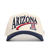 Introducing the Arizona Wildcats Stride Hat by No Rivals—a snap back cap in crisp white with a navy brim, featuring “Wildcats Arizona” and the University of Arizona’s iconic A logo on the front. Made from high-quality cotton, this hat provides a comfortable, structured fit perfect for all-day wear.