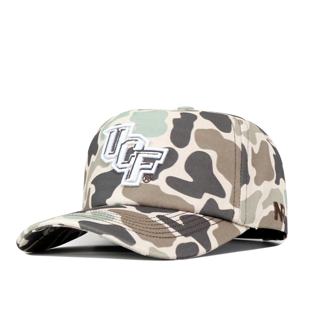 The No Rivals UCF Knights Huntsman Hat is a camouflage cotton cap with the UCF logo embroidered in white on the front and an N logo on the side. This adjustable hat offers a comfortable, custom fit for any fan.