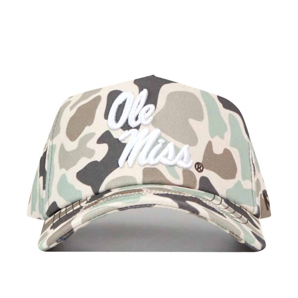 The No Rivals Ole Miss Rebels Huntsman Hat is a high-quality cotton camouflage snapback featuring “Ole Miss” embroidered in white script on the front; this officially licensed cap offers both comfort and Rebel pride.