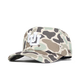 The Utah Huntsman Hat by No Rivals is a duck camo 5-panel snapback featuring a white embroidered U and J logo on the front, shown angled on a white background.