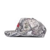 Side view of the No Rivals SMU Outland Hat, a camouflage snapback with flat brim crafted from premium cotton. Features red front embroidery, white MF logo above the brim, and an officially licensed woodland pattern.