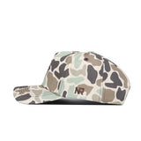 The Texas Tech Huntsman Hat by No Rivals is a 5-panel Duck Camo baseball cap with green, brown, and beige camo, and "NR" embroidered in brown on the side. Shown in a side view on a white background.