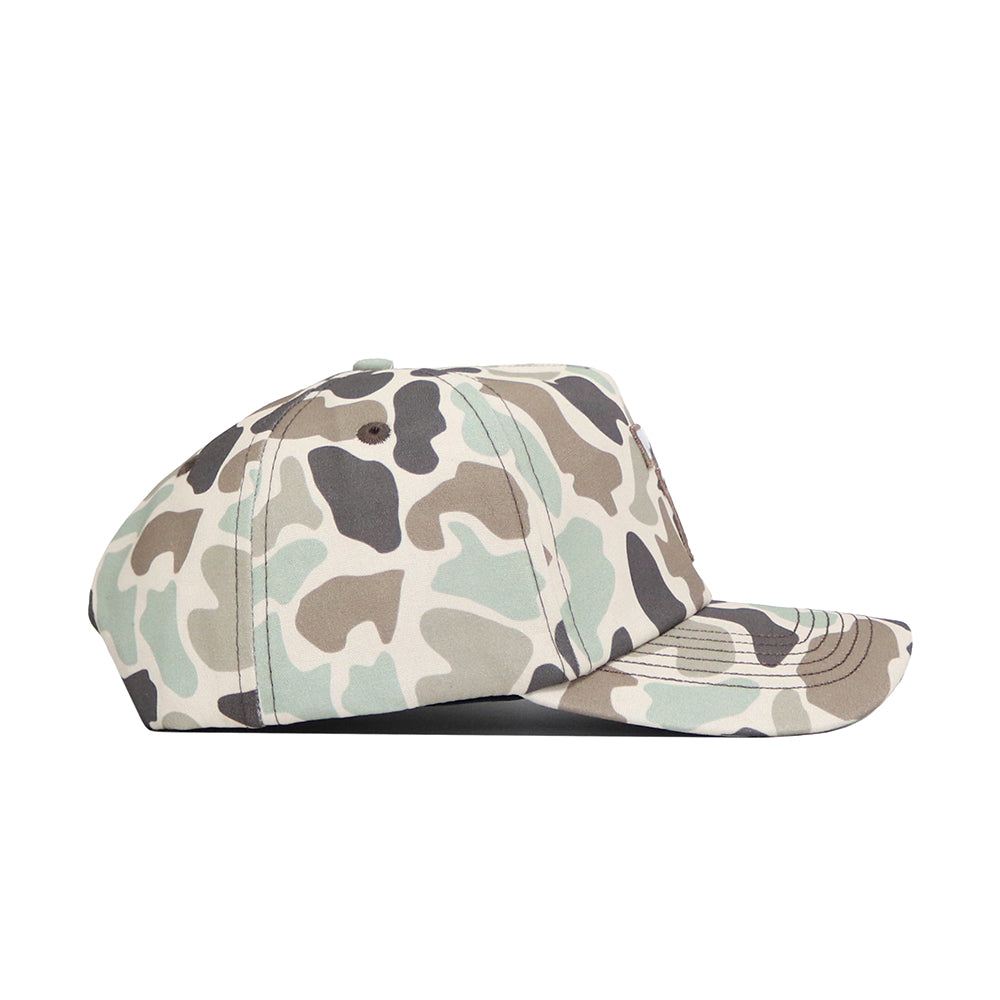 A side view of the No Rivals Texas Tech Huntsman Hat, a 5-panel cap with green, beige, and black duck camo pattern and snapback closure, displayed on a white background.