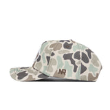 The BYU Huntsman Hat by No Rivals is a 5-panel duck camo snapback in green, beige, and gray, with "NR" embroidered in brown on the side. Shown from a side view against a white background.