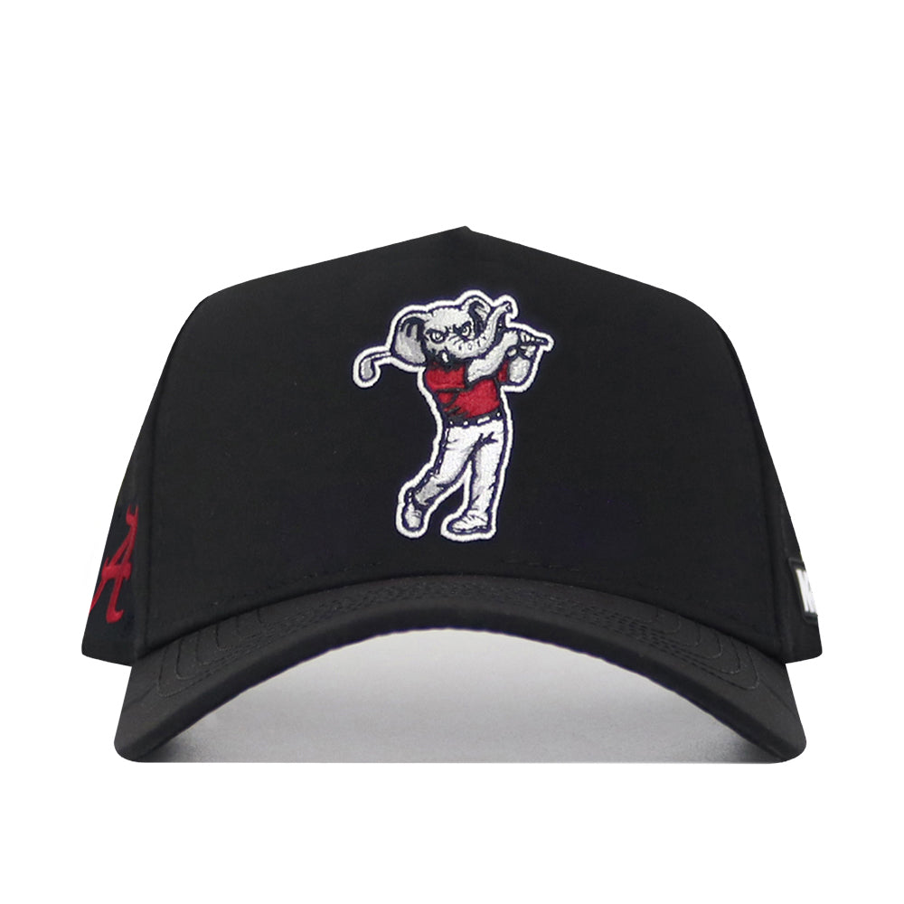 The No Rivals Alabama Golf Hat in black features embroidered graphics of a cartoon elephant swinging a golf club, red and white accents, a small red "A" on the side, and an adjustable snap back closure for the perfect fit.