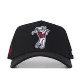 The No Rivals Alabama Golf Hat in black features embroidered graphics of a cartoon elephant swinging a golf club, red and white accents, a small red "A" on the side, and an adjustable snap back closure for the perfect fit.