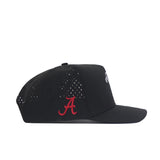 The Alabama Golf Hat - Black by No Rivals features perforated panels, a curved brim, a red embroidered A logo on the side, and an adjustable snap back closure.