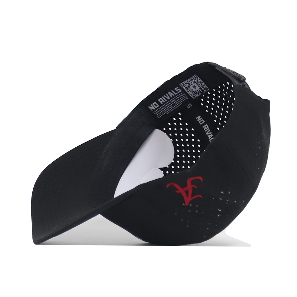 The Alabama Golf Hat - Black by No Rivals features bold red embroidered graphics, NO RIVALS text, a QR code on the sweatband, and perforated side panels. Shown from inside and side views.