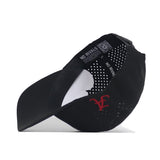 The Alabama Golf Hat - Black by No Rivals features bold red embroidered graphics, NO RIVALS text, a QR code on the sweatband, and perforated side panels. Shown from inside and side views.
