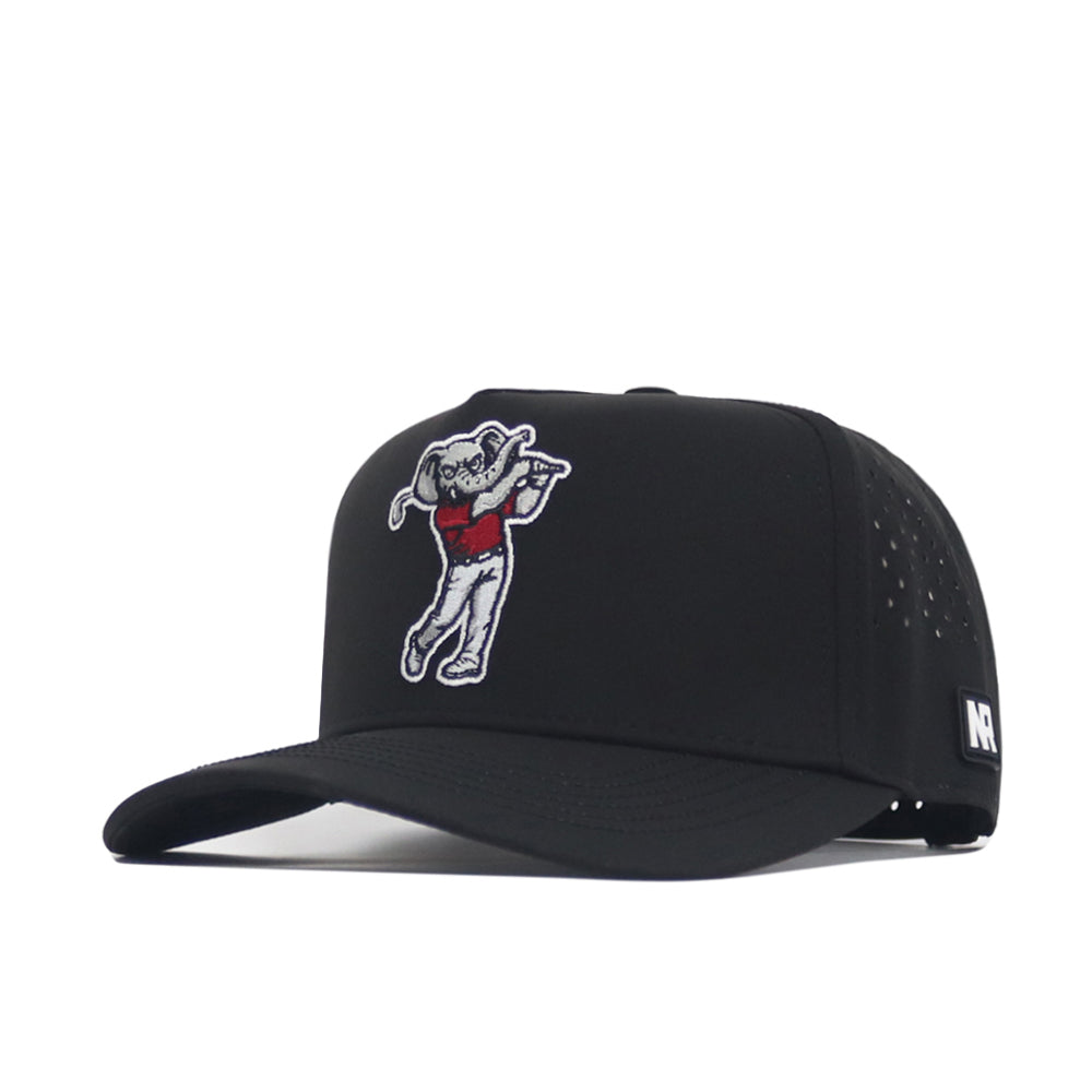 The No Rivals Alabama Golf Hat in black features a bulldog mascot embroidered in a red shirt with a golf club, perforated side panels, snapback closure, and a small NR logo tag on the side.