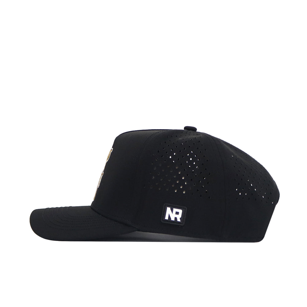 The No Rivals UCF Golf Hat - Black features side and back ventilation holes, a rectangular NR logo patch near the brim, and a snapback adjustment for a customizable fit.