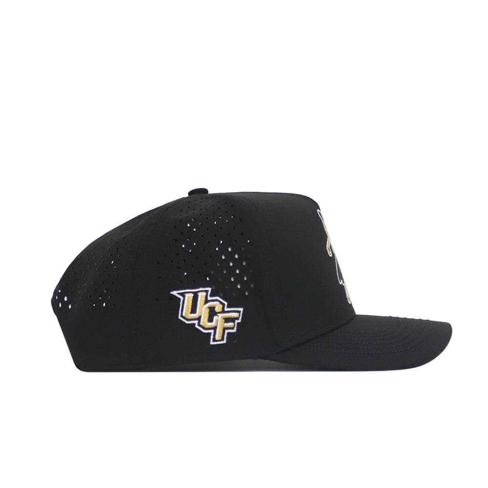 The No Rivals UCF Golf Hat in black features gold and white embroidered UCF graphics on the side panel, ventilation holes near the top, and a snap back adjustment for a comfortable fit.