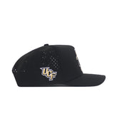 The No Rivals UCF Golf Hat in black features gold and white embroidered UCF graphics on the side panel, ventilation holes near the top, and a snap back adjustment for a comfortable fit.