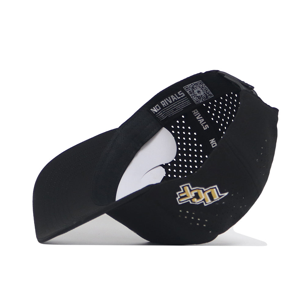The UCF Golf Hat - Black by No Rivals features an embroidered UCF logo on the outer side panel, an inner tag with NO RIVALS text and a QR code when flipped inside out, plus an adjustable snapback for a perfect fit.