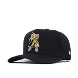 The No Rivals UCF Golf Hat - Black is a snapback cap with gold and white embroidered robotic graphics on the front, a small NR logo tag on the side, and an adjustable snap back for comfort.