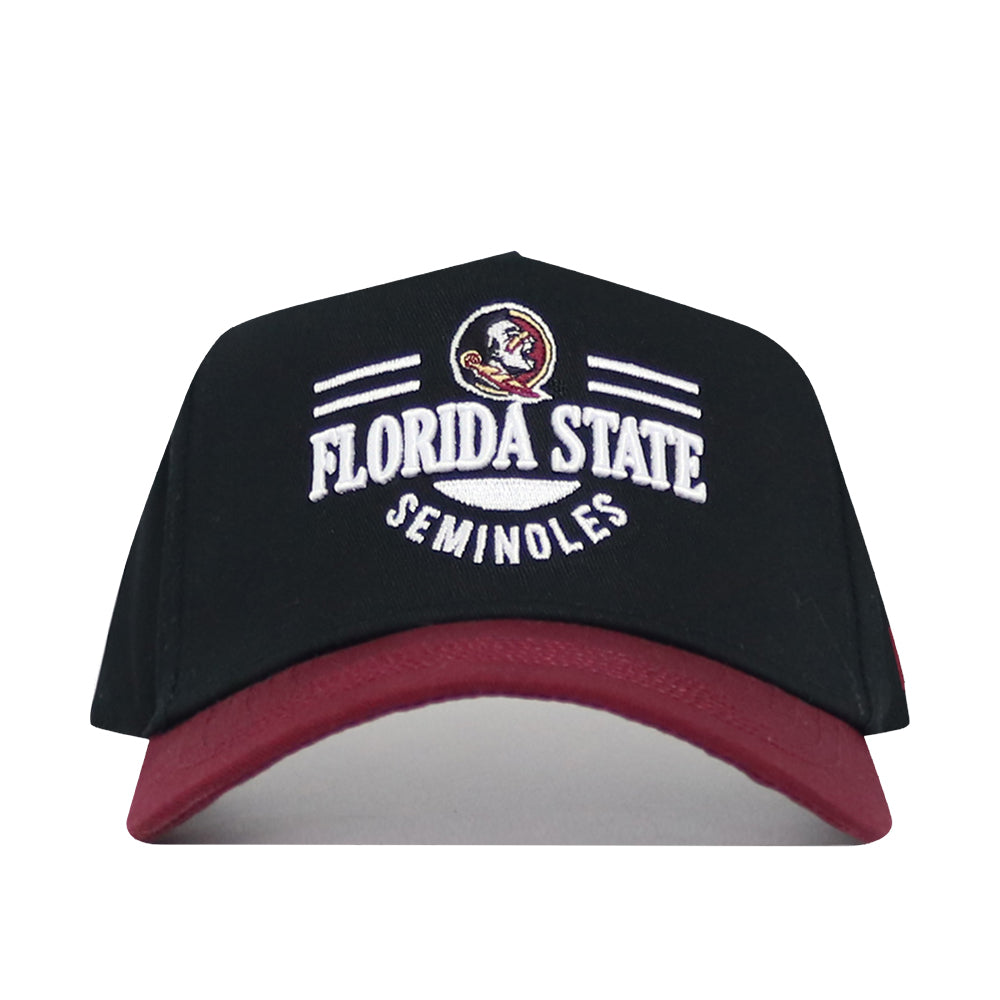 The No Rivals Florida State Tailgate Hat is a black snapback with a maroon brim, featuring the Florida State Seminoles logo and "Florida State Seminoles" embroidered in white on the front, made from high-quality cotton for a structured fit.