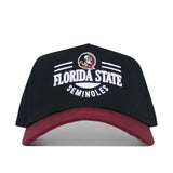 The No Rivals Florida State Tailgate Hat is a black snapback with a maroon brim, featuring the Florida State Seminoles logo and "Florida State Seminoles" embroidered in white on the front, made from high-quality cotton for a structured fit.
