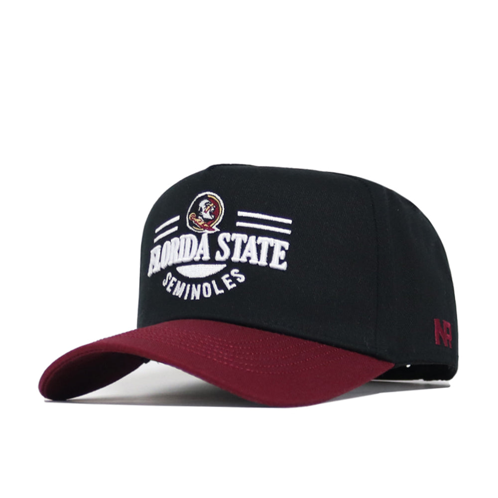 The No Rivals Florida State Tailgate Hat is a black structured fit snapback with a maroon brim, the Seminoles logo, and white embroidered text on the front. Made of high-quality cotton for comfort and standout style.