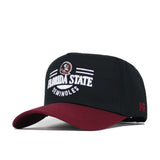 The No Rivals Florida State Tailgate Hat is a black structured fit snapback with a maroon brim, the Seminoles logo, and white embroidered text on the front. Made of high-quality cotton for comfort and standout style.