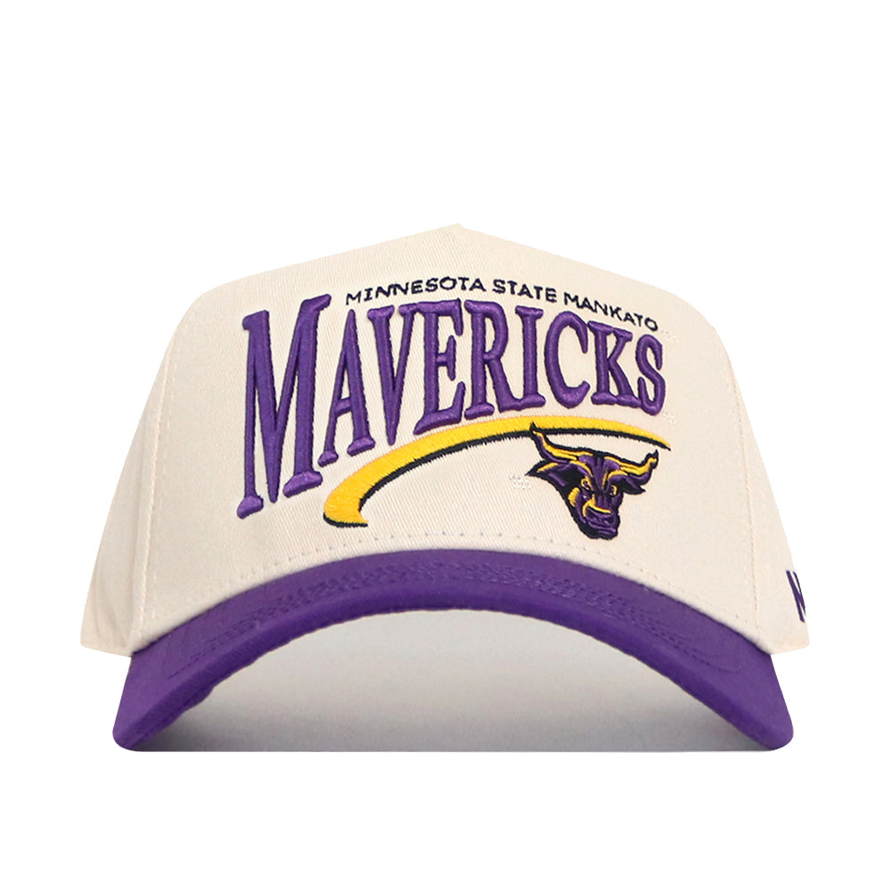 The Minnesota State Mankato Mavericks Stride Hat by No Rivals is a white and purple snapback featuring bold embroidery of the Mavericks name and bull logo on the front—perfect for completing your gameday fit.