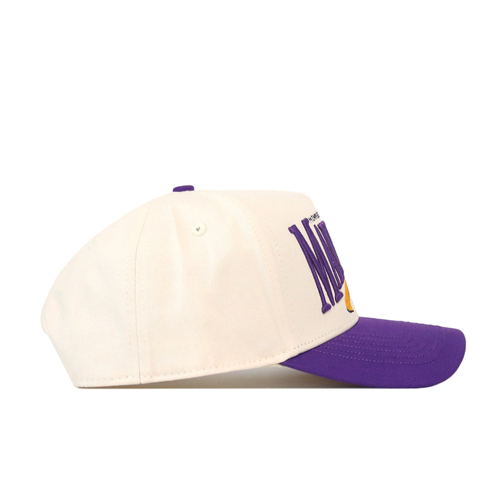 The Minnesota State Mankato Mavericks Stride Hat by No Rivals is a white snapback cap featuring a purple brim and partially visible purple embroidered lettering on the front, shown from the side against a plain white background.