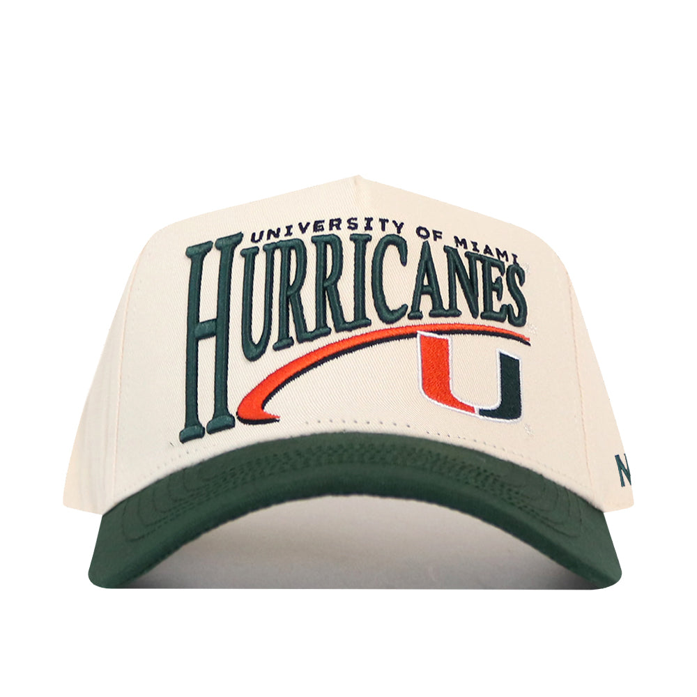 Introducing the No Rivals Miami Hurricanes Stride Hat—a high-quality cotton snapback cap in white and green, featuring embroidered “Hurricanes” and “University of Miami” text on the front, along with the University of Miami’s signature orange and green U logo. This hat boasts a structured fit design for lasting comfort and style.