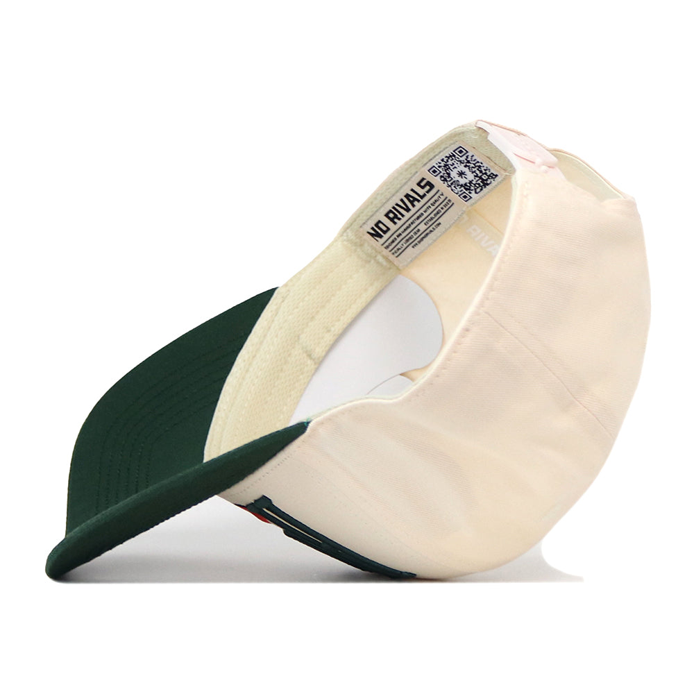 The No Rivals Miami Hurricanes Stride Hat, shown inside out to display its inner label, QR code, and detailed stitching, features cream and green high-quality cotton with the green brim facing left. This snapback baseball cap offers a structured fit for enhanced comfort and style.