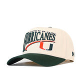 A cream and dark green Miami Hurricanes Stride Hat by No Rivals, featuring the University of Miami Hurricanes name and school logo on the front, crafted from high-quality cotton for a structured fit.