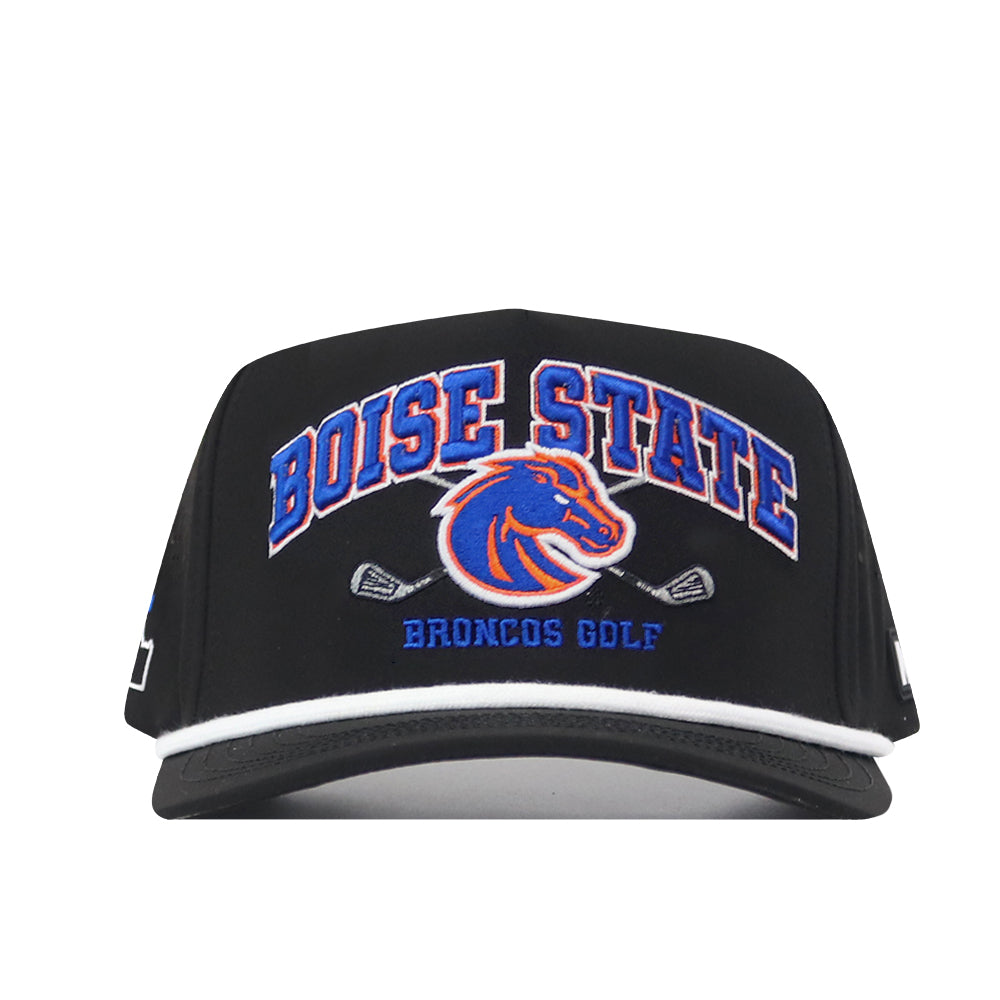 The No Rivals Boise State Golf Hat - Black features the officially licensed Broncos logo, “Broncos Golf,” and two golf clubs, all beautifully embroidered in blue and orange on the front.