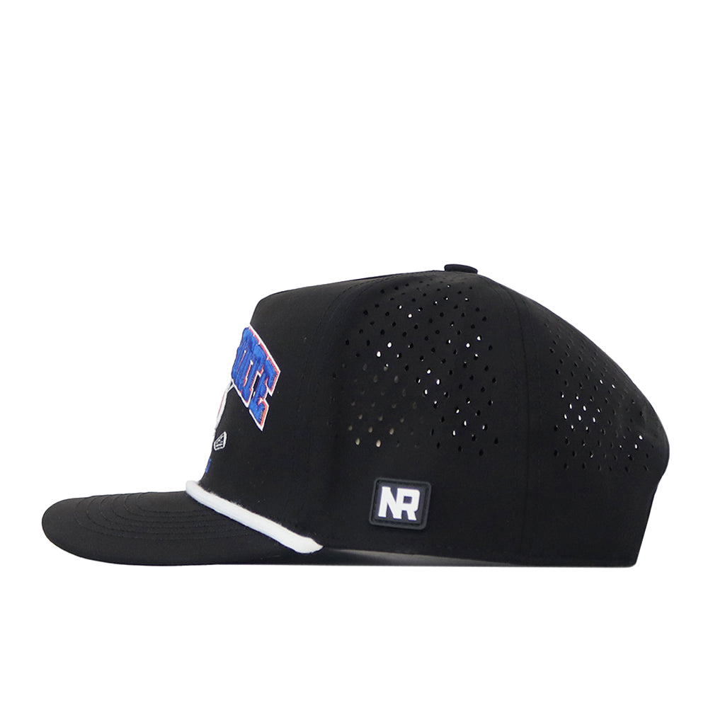 Boise State Golf Hat - Black by No Rivals, shown from the side, features a flat brim and an NR embroidered logo patch near the back. Officially licensed snapback with black perforated design and partially visible blue and white embroidery on the front.
