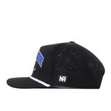 Boise State Golf Hat - Black by No Rivals, shown from the side, features a flat brim and an NR embroidered logo patch near the back. Officially licensed snapback with black perforated design and partially visible blue and white embroidery on the front.