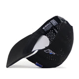 A Boise State Golf Hat by No Rivals in black is displayed on its side, featuring an adjustable snap back strap, ventilation holes, and visible inner tags. An officially licensed blue and white embroidered Boise State logo appears on the side of the cap.