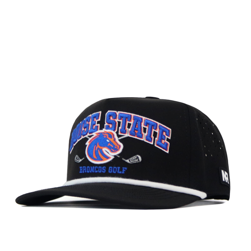 The No Rivals Boise State Golf Hat - Black showcases an officially licensed blue and orange embroidered logo with two golf clubs, complemented by stylish white trim on the brim.