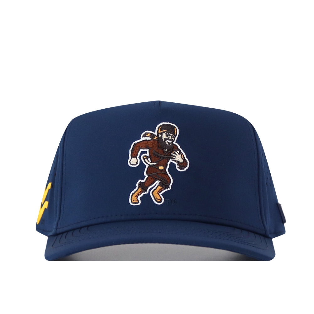 Navy WVU Mountaineers Football Mascot Hat by No Rivals, made from performance fabric and featuring an embroidered logo of a running man in a football uniform and helmet on the front panel.